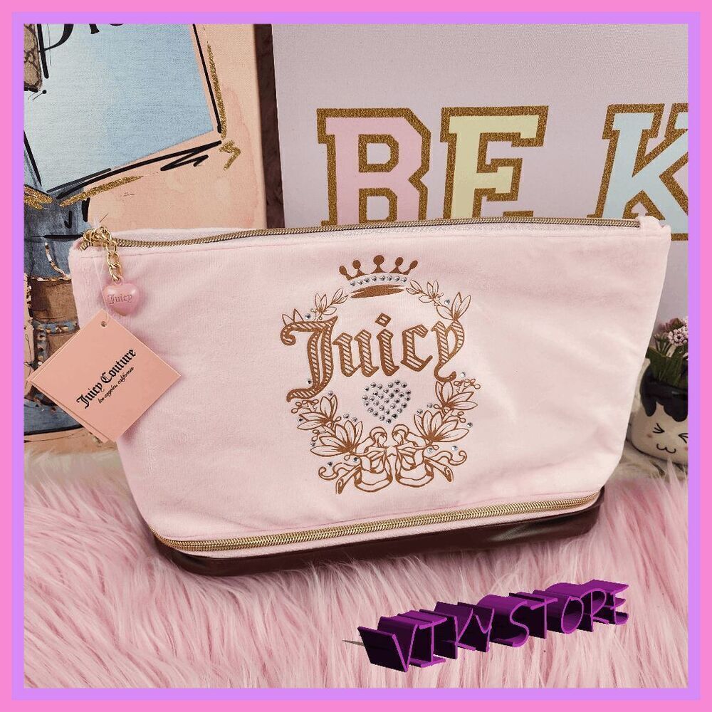 💕 NWT Juicy Couture Pink Velvet Cosmetic Bag Logo Bottom Compartment #7134 💕